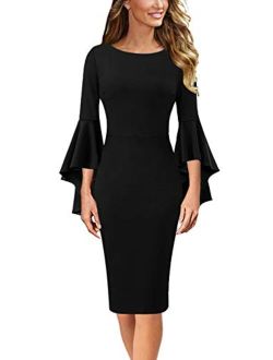 VFSHOW Womens Black Lace Yellow Floral Print Ruffle Bell Sleeves Casual Business Cocktail Party Bodycon Pencil Sheath Dress 3865 BLK M