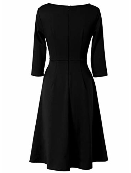 VFSHOW Womens Vintage Pleated Pockets Work Business Casual Skater A-Line Dress