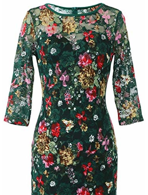 VFSHOW Womens Green Lace Multi Floral Print Spring Fall Elegant Vintage Casual Cocktail Party Bodycon Pencil Mermaid Midi Mid-Calf Dress 3631 GRN XL