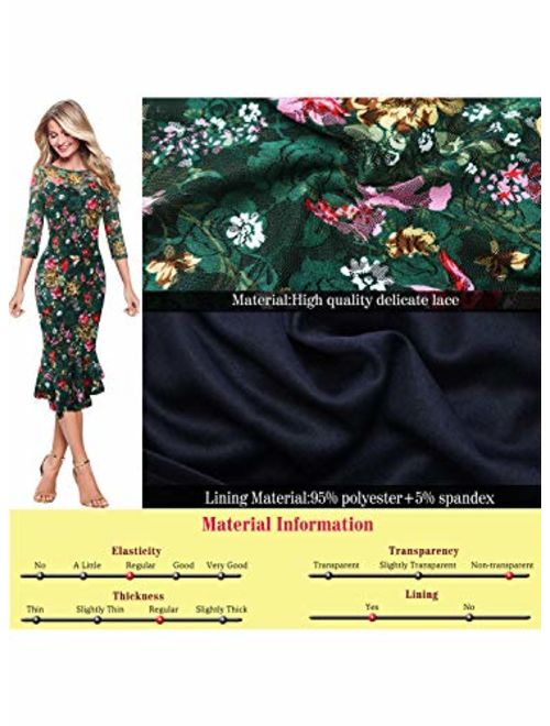 VFSHOW Womens Green Lace Multi Floral Print Spring Fall Elegant Vintage Casual Cocktail Party Bodycon Pencil Mermaid Midi Mid-Calf Dress 3631 GRN XL