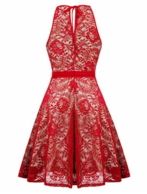 Women's Keyhole Floral Lace Cocktail Party Dress Size L Red KK638-7