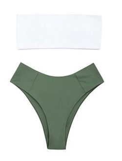 Womens Swimwear Two Pieces Solid Color High Cut Bandeau Bikini Set