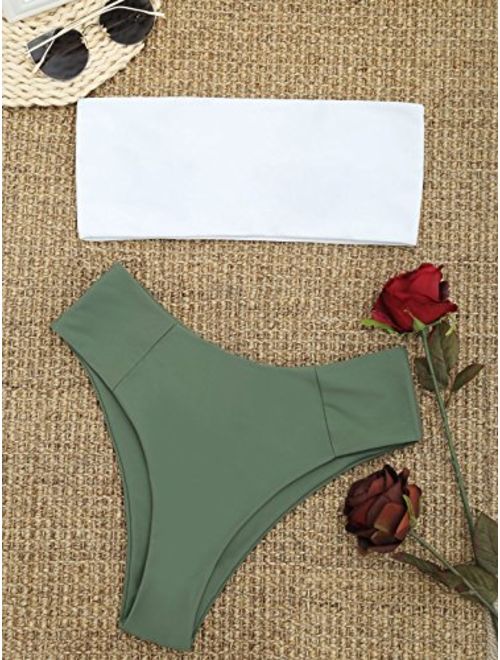 ZAFUL Womens Swimwear Two Pieces Solid Color High Cut Bandeau Bikini Set