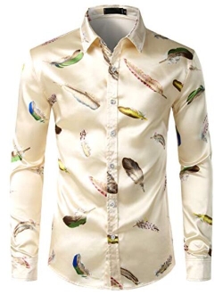Men's Floral Embroidery Slim Fit Long Sleeve Band Collar Dress Shirts