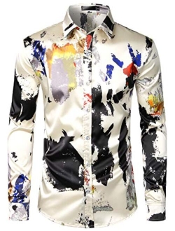 Men's Floral Embroidery Slim Fit Long Sleeve Band Collar Dress Shirts