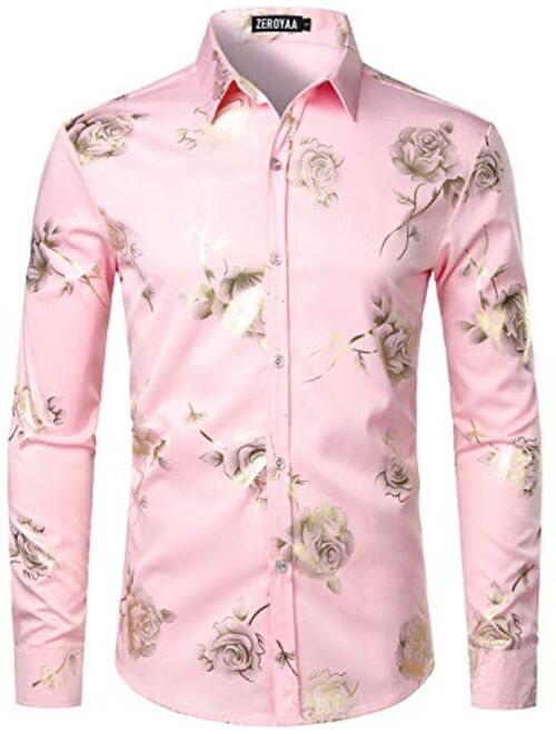 ZEROYAA Men's Floral Embroidery Slim Fit Long Sleeve Band Collar Dress Shirts