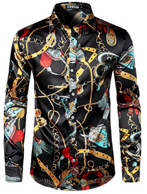 ZEROYAA Men's Floral Embroidery Slim Fit Long Sleeve Band Collar Dress Shirts
