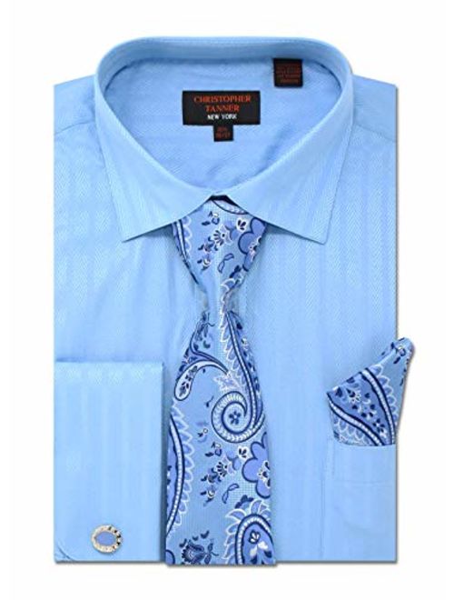 Christopher Tanner Men's Solid Striped Herringbone Striped Pattern Regular Fit Dress Shirts with Tie Hanky Cufflinks Combo