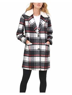Women's Wool Sherpa Collar Top Coat, Black/White/Red Plaid, Large