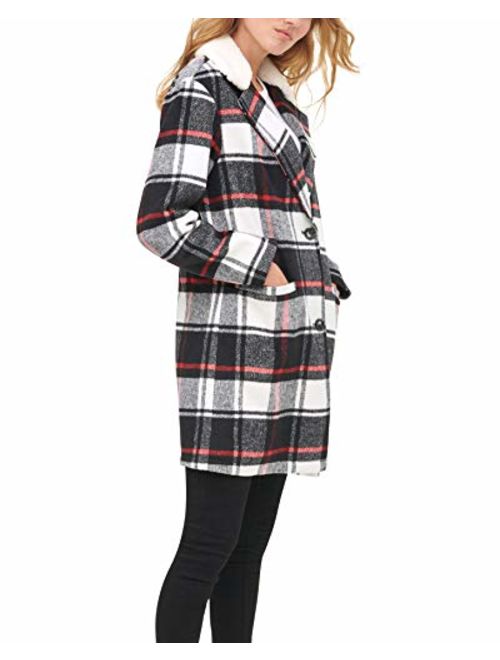 Levi's Women's Wool Sherpa Collar Top Coat, Black/White/Red Plaid, Large