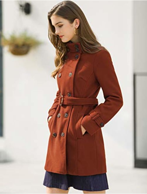 Allegra K Women's Stand Collar Double Breasted Pockets Trendy Outwear Winter Coat with Belt
