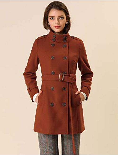 Allegra K Women's Stand Collar Double Breasted Pockets Trendy Outwear Winter Coat with Belt