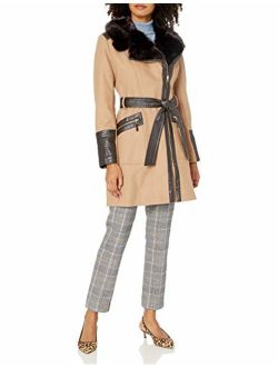 Via Spiga Women's Kate Mid-Length Belted Wool Assymetric Zip Front Coat with Fur Collar