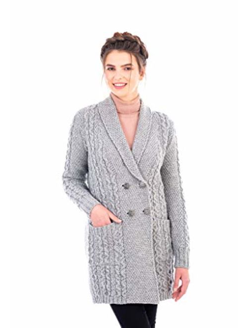 SAOL 100% Irish Merino Wool Ladies Shawl Collar Cardigan Coat with Pockets