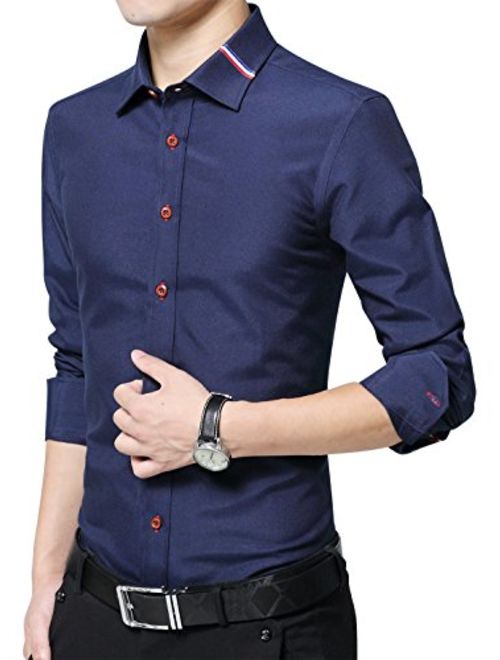 XTAPAN Men's Long Short Sleeve Casual Slim Fit Cotton Fashion Button Down Dress Shirt