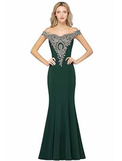 MisShow Long Gold Lace Applique Mermaid Dress Off Shoulder Formal Evening Gowns