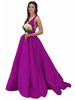 Rjer Women's V Neck Prom Dress Long A line Ball Gowns W/ Pockets for Formal Fuchsia