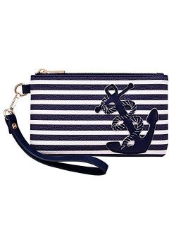 PU Leather Anchor Purse, 8.5"x5.0" Wristlet Bag Zip Coin Pouch for Smart Phones Keys