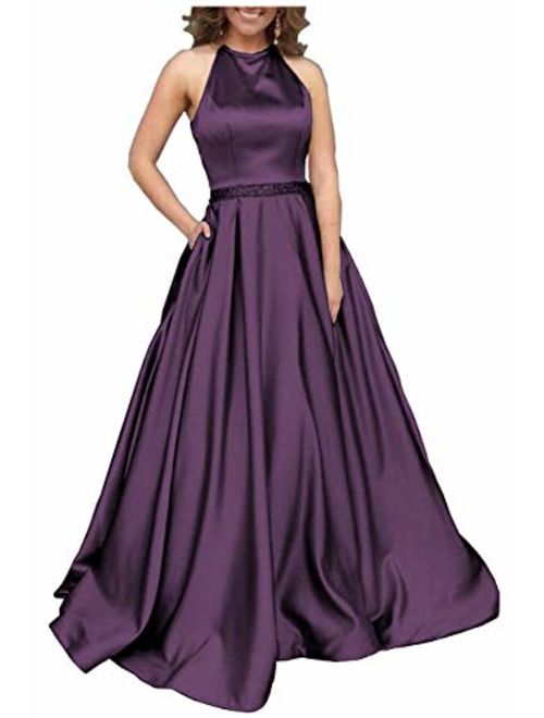 YORFORMALS Plus Size Long Halter Beaded Satin Evening Prom Dress Pleated Formal Gown with Pockets Size 26 Plum