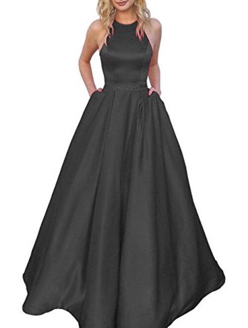 YORFORMALS Women's Halter A-line Beaded Satin Evening Prom Dress Long Formal Gown with Pockets