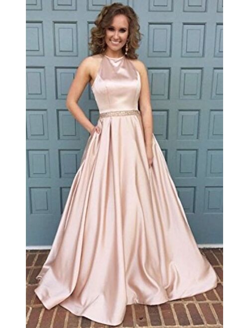 YORFORMALS Women's Halter A-line Beaded Satin Evening Prom Dress Long Formal Gown with Pockets