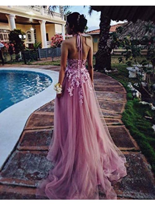 Fanciest Women's Halter Prom Dresses Long 2019 Appliques Backless Evening Formal Dress