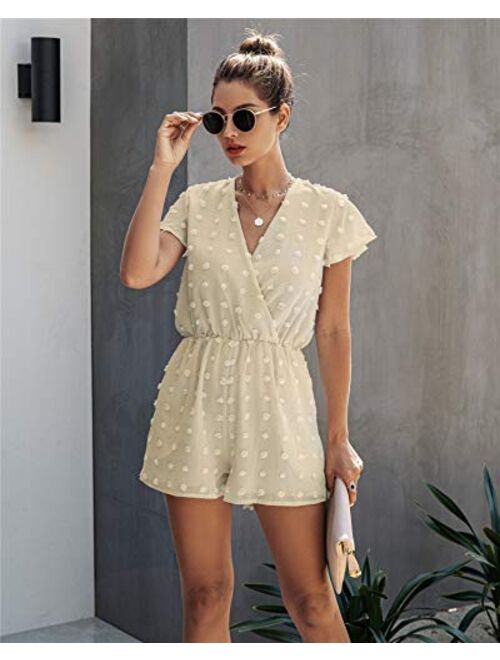 BTFBM Women Fashion Wrap V-Neck Swiss Dot Print Short Sleeve Elastic Waist Plain Summer Pockets Shorts Jumpsuit Romper