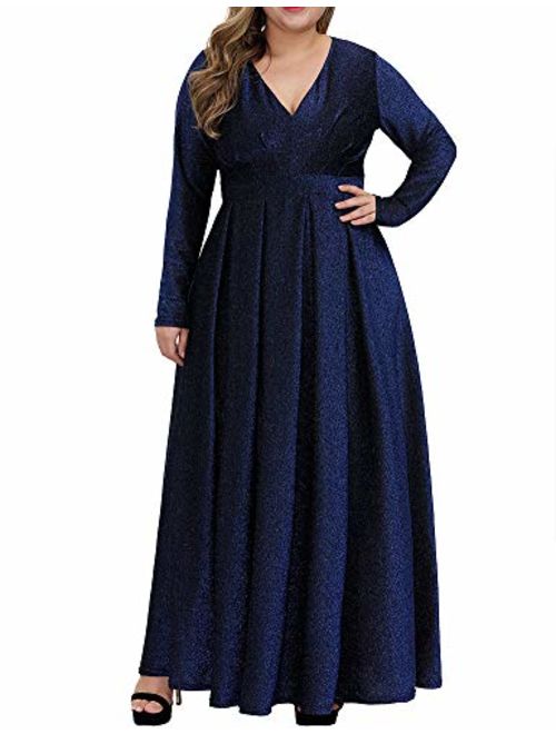 Allegrace Sequins Plus Size Dresses for Women Glitter Pleated Long Sleeve Prom Party Evening Maxi Dress