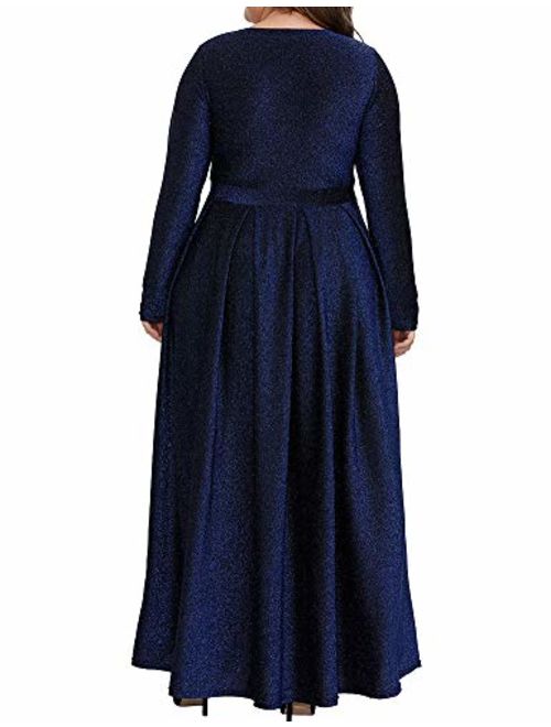 Allegrace Sequins Plus Size Dresses for Women Glitter Pleated Long Sleeve Prom Party Evening Maxi Dress