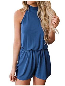Annystore Women's Sexy Halter Neck Elastic Waist Solid Color Sleeveless Short Jumpsuit Rompers