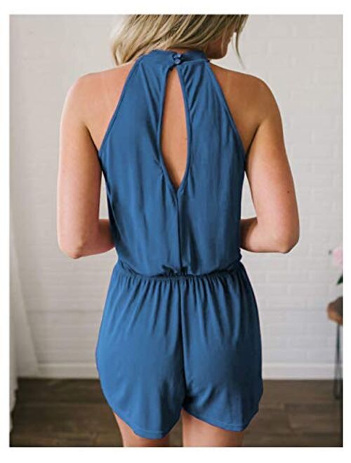 Annystore Women's Sexy Halter Neck Elastic Waist Solid Color Sleeveless Short Jumpsuit Rompers