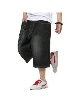 QBO Men's Hip Hop Embroidery Baggy Jeans Denim Shorts