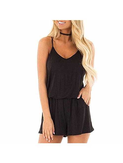INIBUD Rompers for Women Floral Solid Casual Loose Spaghetti Straps Wide Leg Pockets Summer