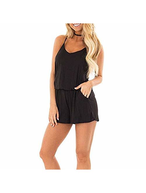 INIBUD Rompers for Women Floral Solid Casual Loose Spaghetti Straps Wide Leg Pockets Summer