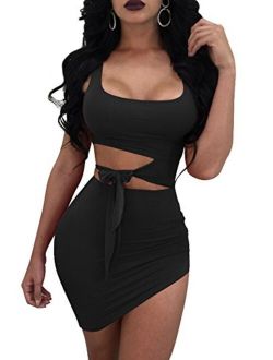 GOBLES Womens Sexy Bodycon Cut Out Sleeveless Outfit Mini Club Tank Dress