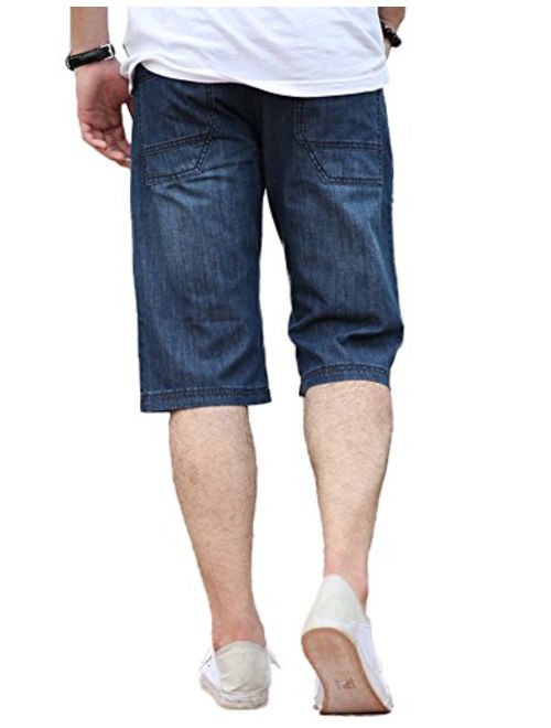 DSDZ Mens Casual Cargo Patchwork Blue Denim Jeans Shorts with Zippers
