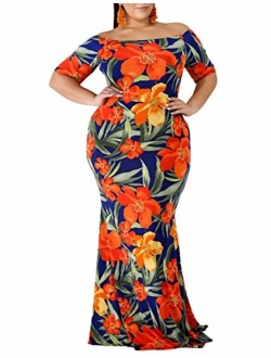 Gloria&Sarah Women's Off Shoulder Ruffle Floral Print Plus Size Bodycon Party Dress