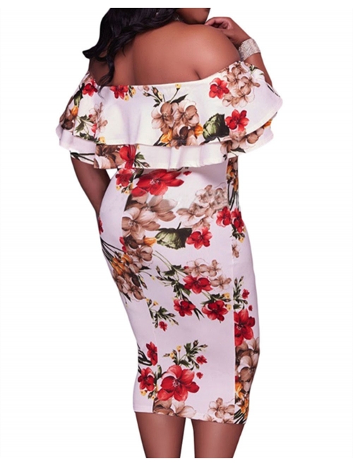 Gloria&Sarah Women's Off Shoulder Ruffle Floral Print Plus Size Bodycon Party Dress
