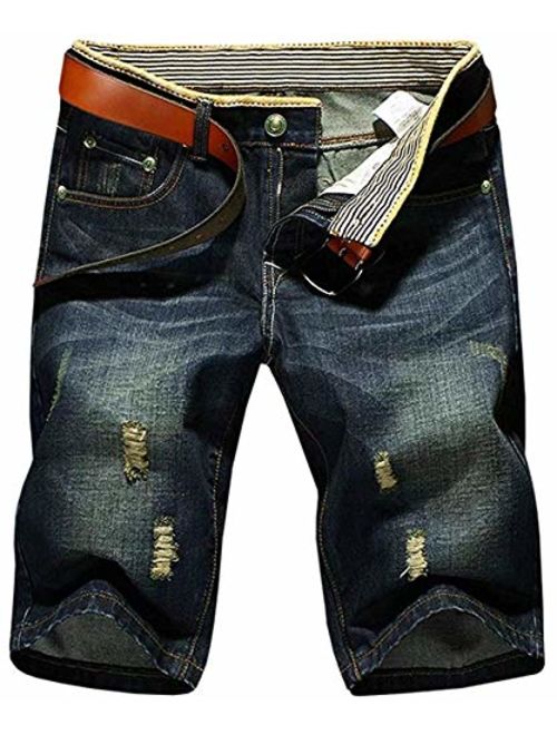 HENGAO Men's Vintage Ripped Holes Mid Rise Washed Jeans Slim Shorts
