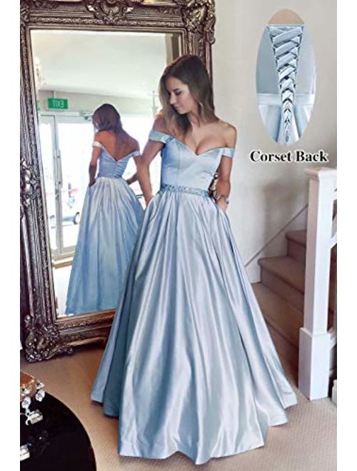 Harsuccting Off The Shoulder Beaded Satin Evening Prom Dress with Pocket Light Blue