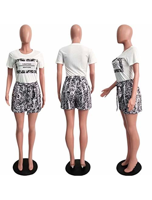 OLUOLIN Women's Casual Summer 2 Piece Outfit Short Sleeve Letter Print Knot T-Shirt Bodycon Shorts Rompers Tracksuit