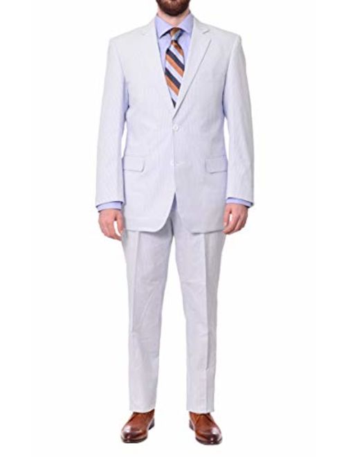 Emigre Mens Blue and White Striped Seersucker Two Button Cotton Suit