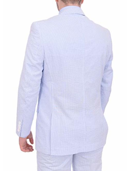 Emigre Mens Blue and White Striped Seersucker Two Button Cotton Suit