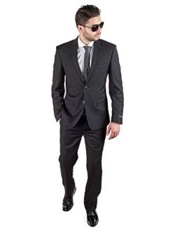 Slim Fit Men Suit Solid Black 2 Button Notch Lapel Flat Front Pants by Azar