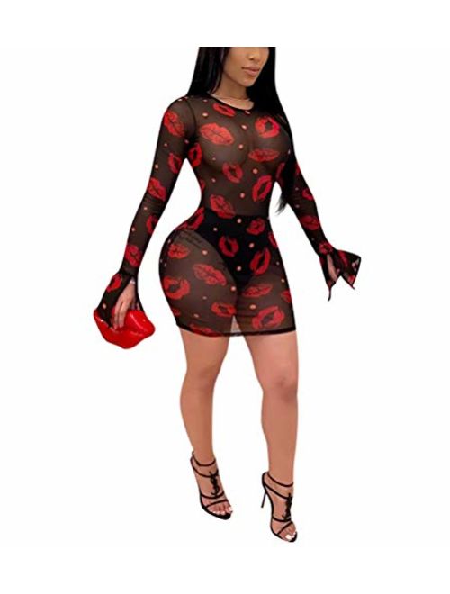 Sprifloral Women Sexy Long Bodycon Dress - Long Sleeve Turtleneck Neck Colorful Sheer Mesh See Through Club Maxi Dress
