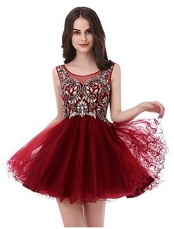Sarahbridal Womens Tulle Beaded Crystal Homecoming Cocktail Dresses Short Wedding Party Gowns Burgundy US16