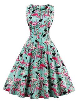 Wellwits Women's Tropical Leaf Flamingo Hepburn 1950s Vintage Swing Dress