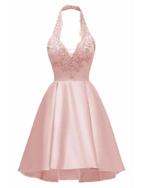 Women's A-line Halter Lace Applique Short Prom Dress Asymmetrical Satin Party Dress with Pockets Blush Pink26 Plus