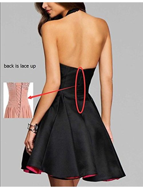 Women's A-line Halter Lace Applique Short Prom Dress Asymmetrical Satin Party Dress with Pockets Blush Pink26 Plus