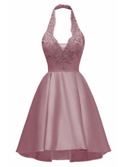 Women's V-Neck Halter Lace Applique Formal Evening Party Dress Hi-lo Satin Prom Dress with Pockets Dusty Rose8